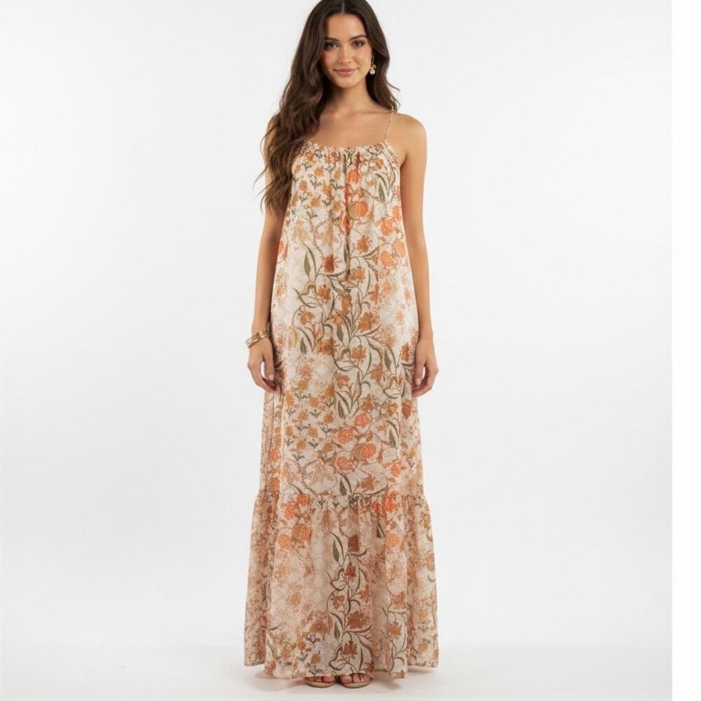 World Market Boho Floral Maxi Sun Dress Tassel XL Orange Beige Tiered Flowy